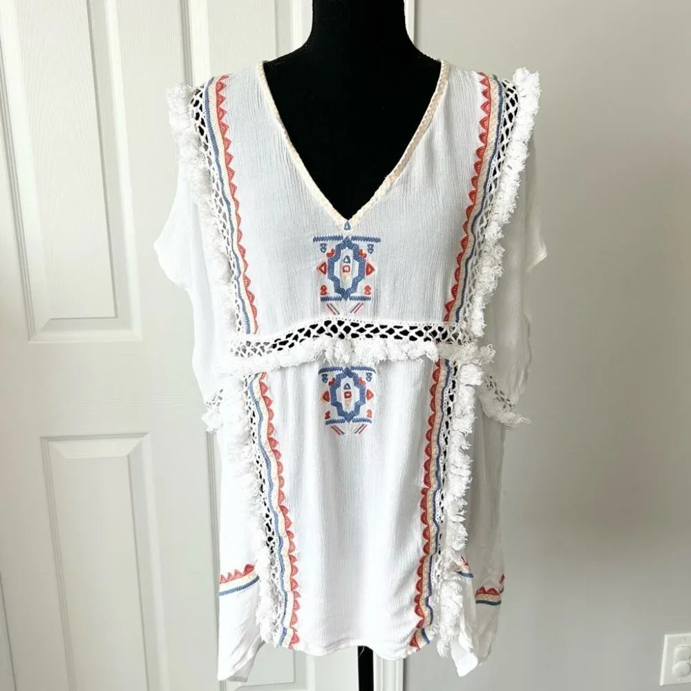 Australian Designer Suboo Embroidered Boho Blouse With Fringe